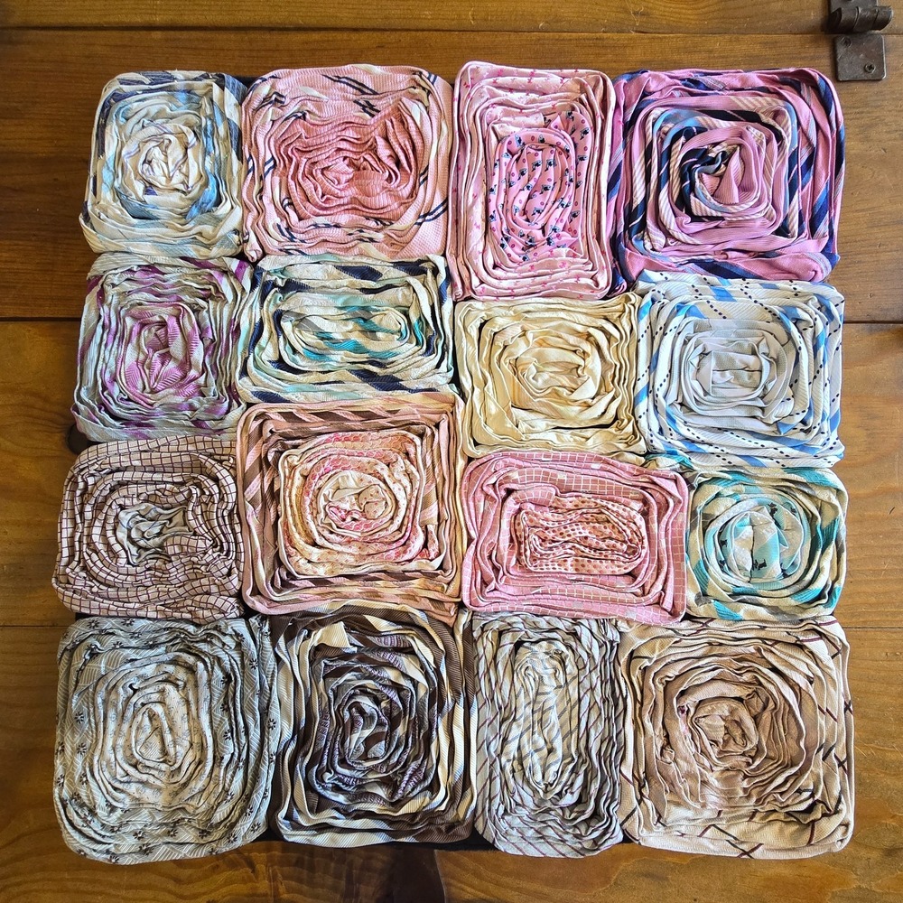 Vintage Dreamweavers Handmade Silk Tie Pillow Cover with Hand-Rolled Roses